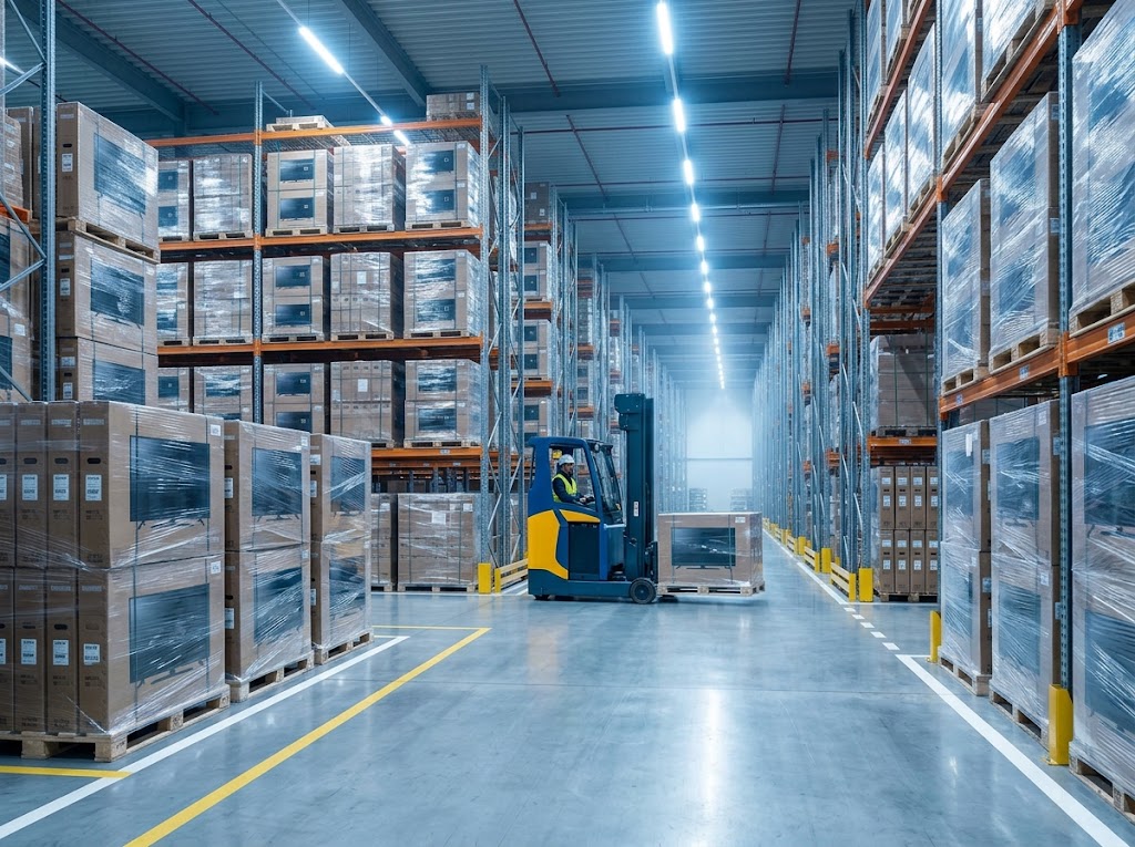 Warehouse — stacked pallets of boxed TVs, forklift
