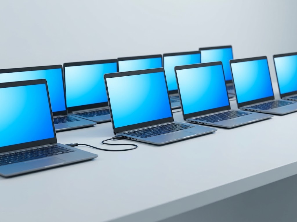 Business laptops on a bench